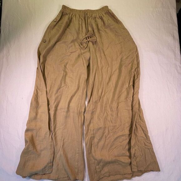 JMP The Label Tan Rayon Blend High Waisted Buttoned Wide Leg Pants Medium - Picture 2 of 11